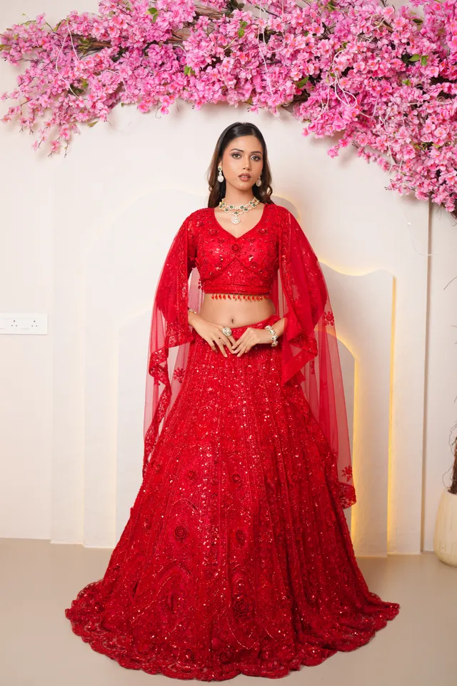 Heritage bridal makeup look with flawless velvet complexion and deep vermillion lips